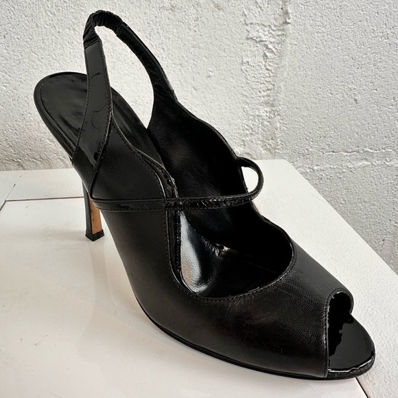Manolo Blahnik Black Leather Printed Slingback Peep Toe Pumps – Size 36.5 - Picture 5 of 12